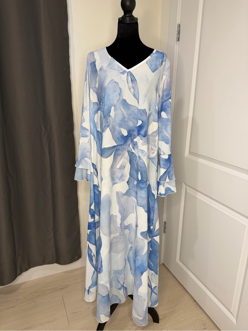 Blue Watercolor V-Neck Maxi Dress